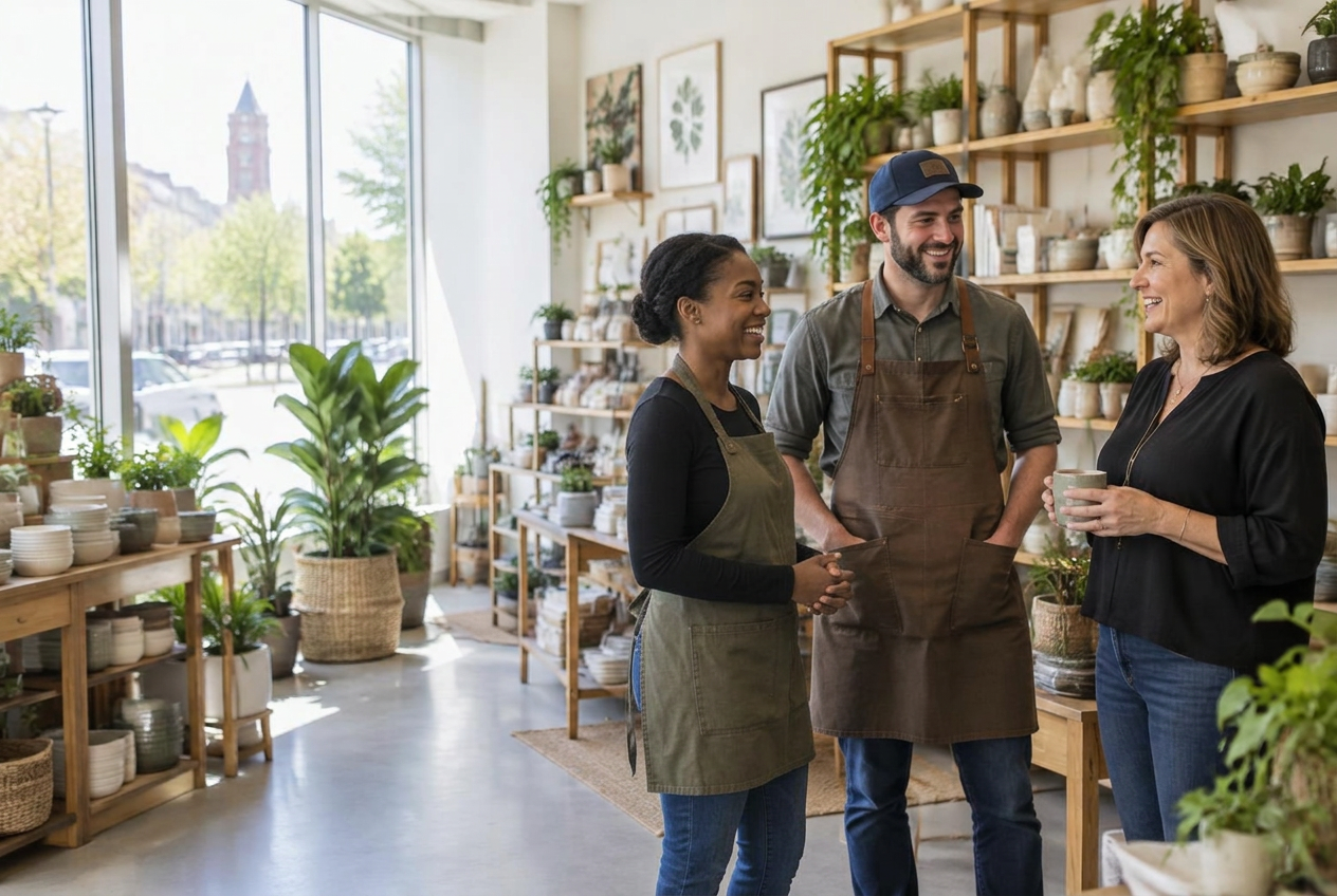 Small-business coworkers talking together in a bright neighborhood shop